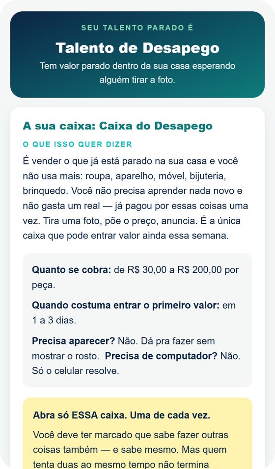 Resultado do teste mostrando a caixa escolhida, quanto se cobra e o prazo da primeira entrada